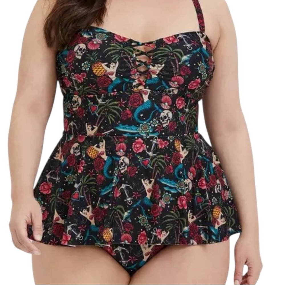 torrid Wireless Peplum One Piece Swimsuit in Tattoo Mermaid Print 5X NEW